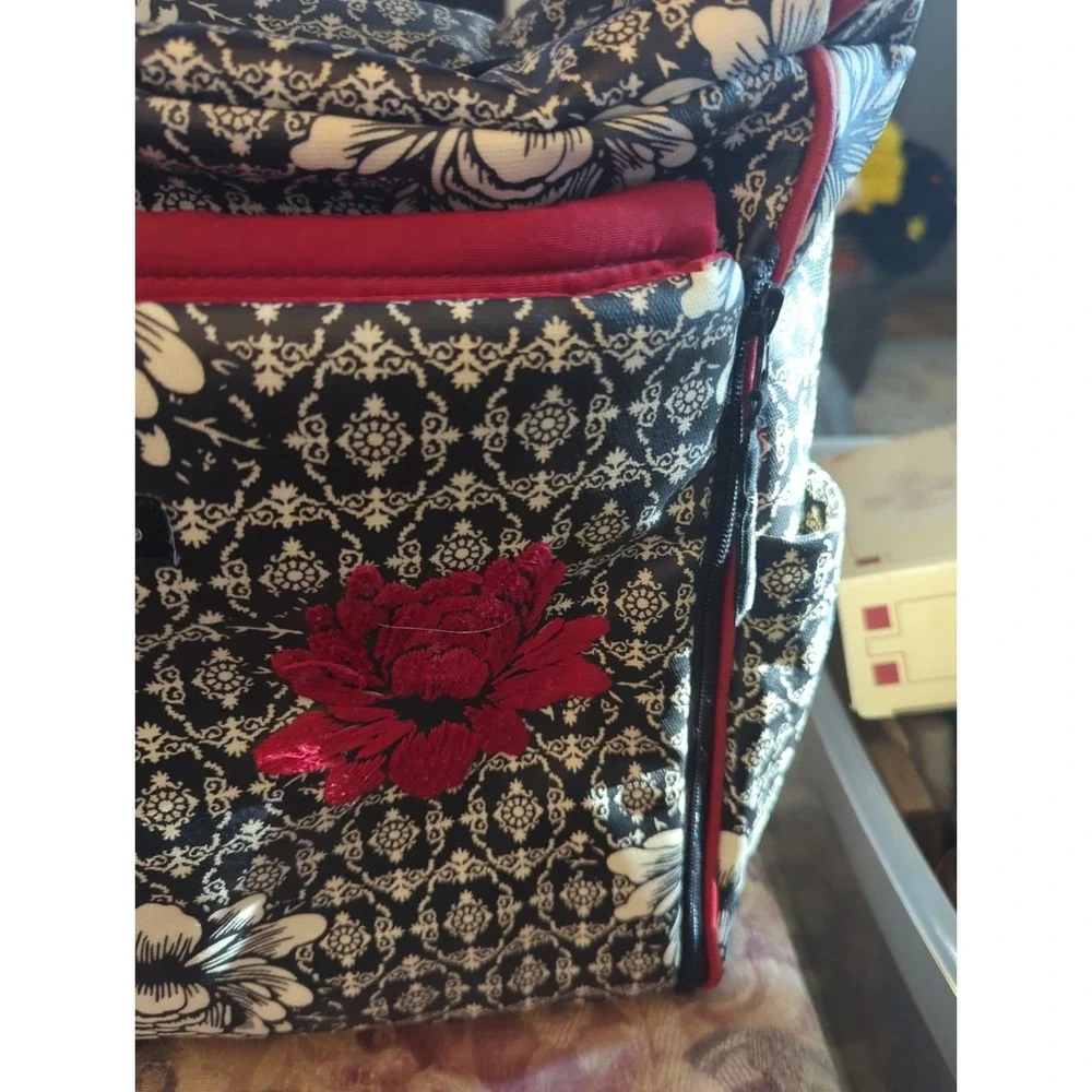 Petunia Pickle Bottom Diaper Bag Black Red Geometric Floral Design Thick Strap